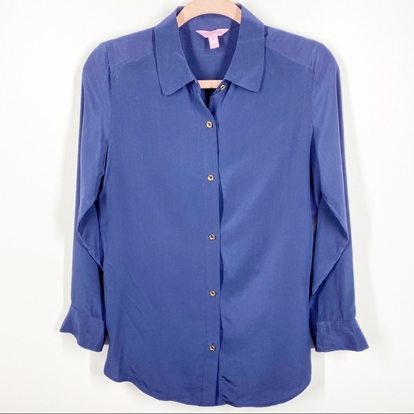 Lilly Pulitzer Isla Navy Silk Button Down Top XS - Picture 2 of 6